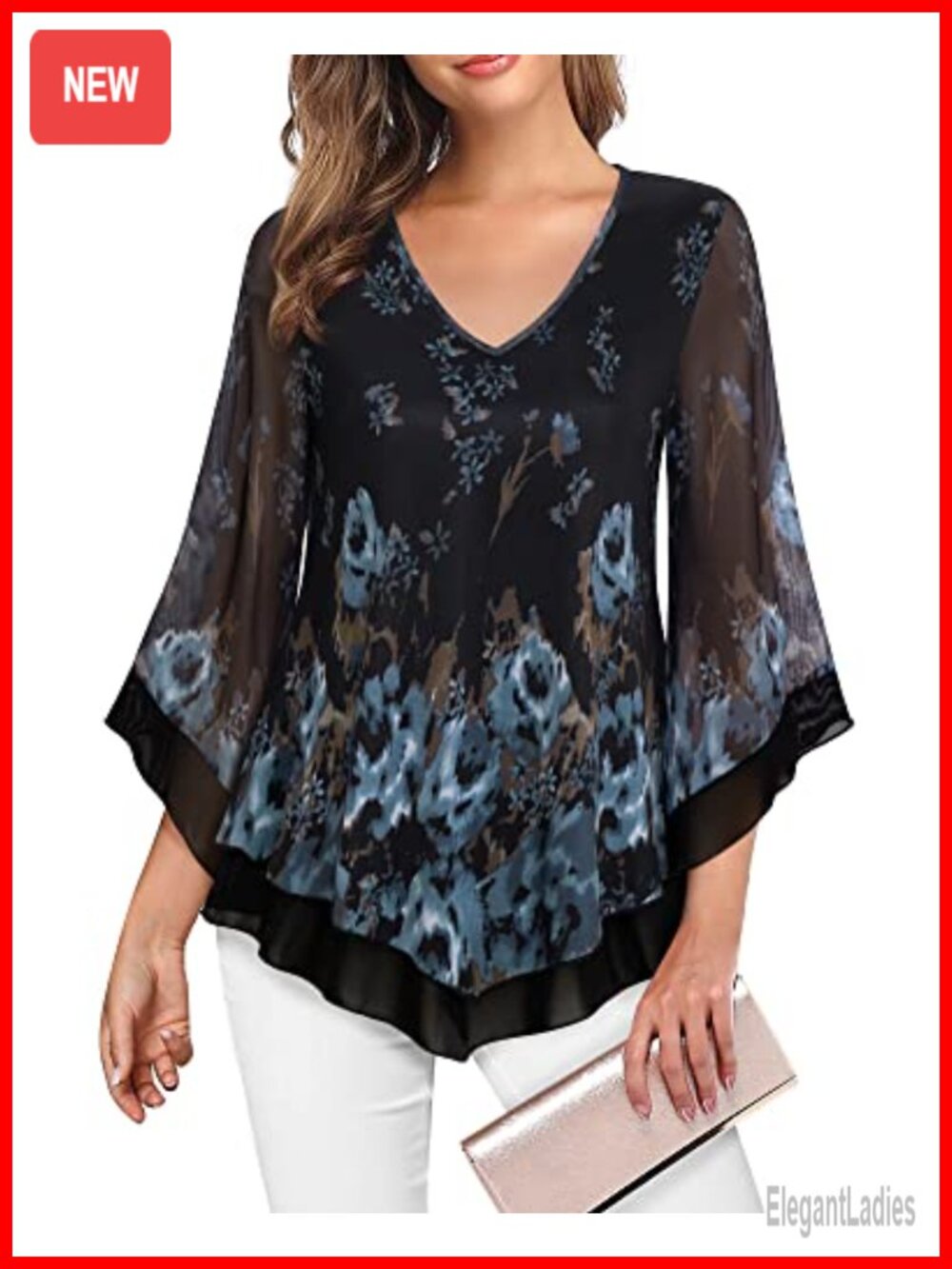 Womens Dressy Mesh Blouse Ruffle 3/4 Flared Sleeve Tunic Top
